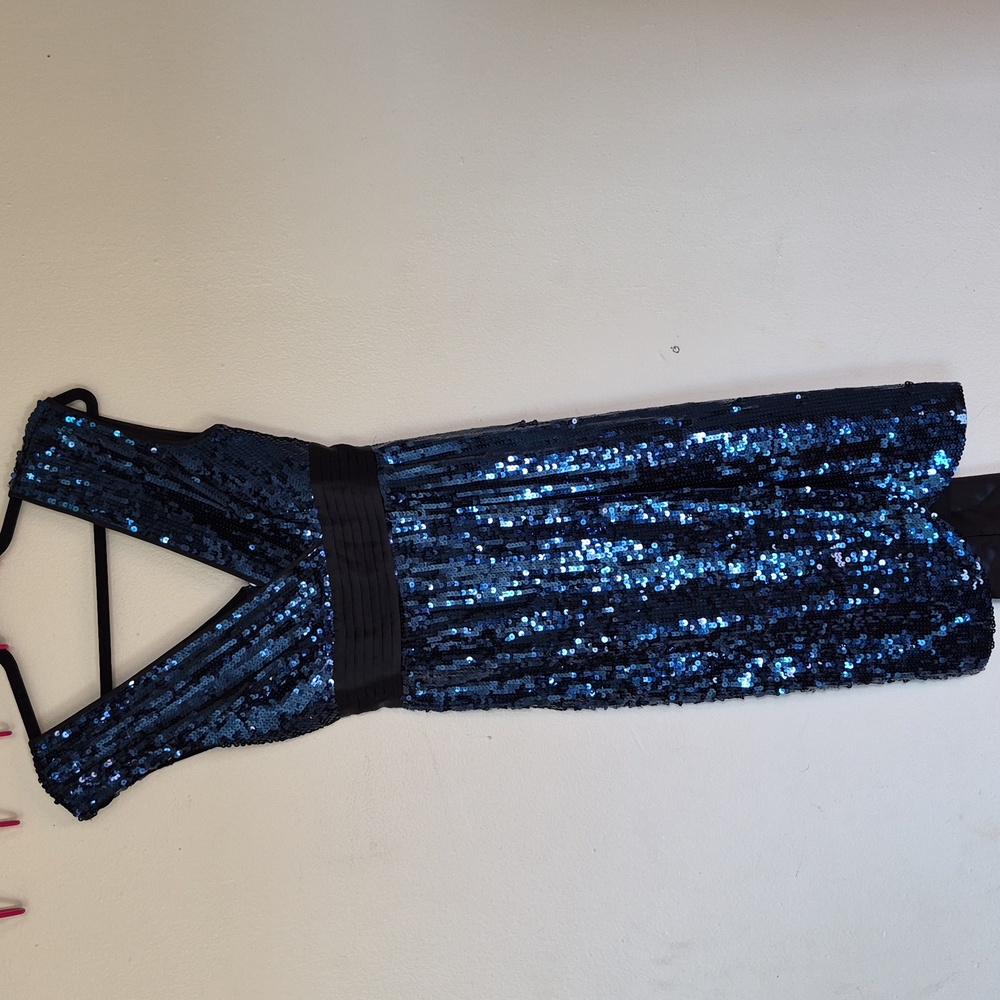 BCBGMaxAzria One Shoulder Sequin Dress in Blue and Black